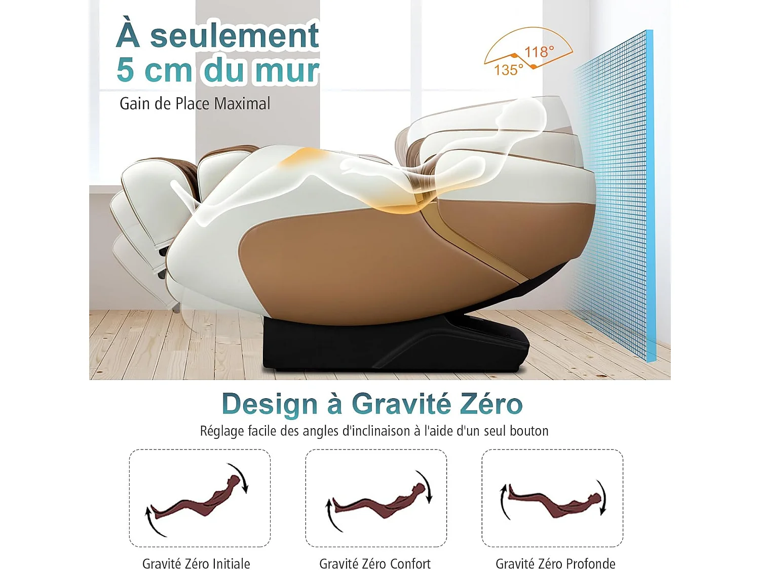 Fauteuil de Massage Électrique, Fauteuil Shiatsu Inclinable Zéro Gravité SL Track avec 12 Modes Prédéfinis Système de Chauffage Massage à Air Intégré (Café)