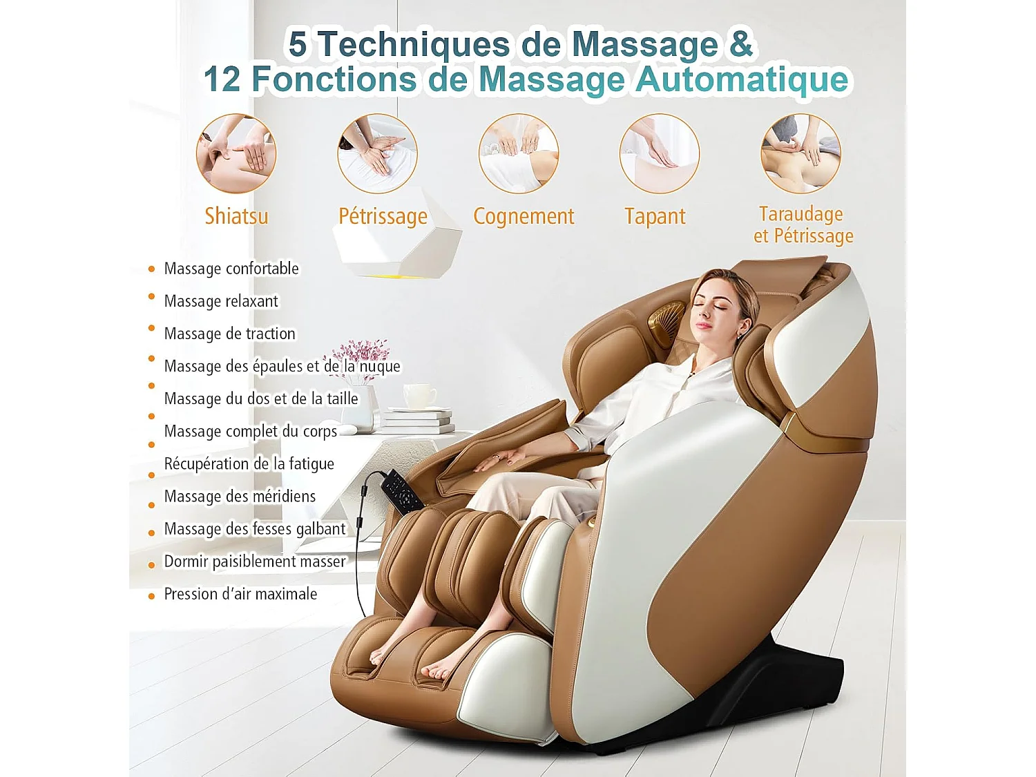 Fauteuil de Massage Électrique, Fauteuil Shiatsu Inclinable Zéro Gravité SL Track avec 12 Modes Prédéfinis Système de Chauffage Massage à Air Intégré (Café)
