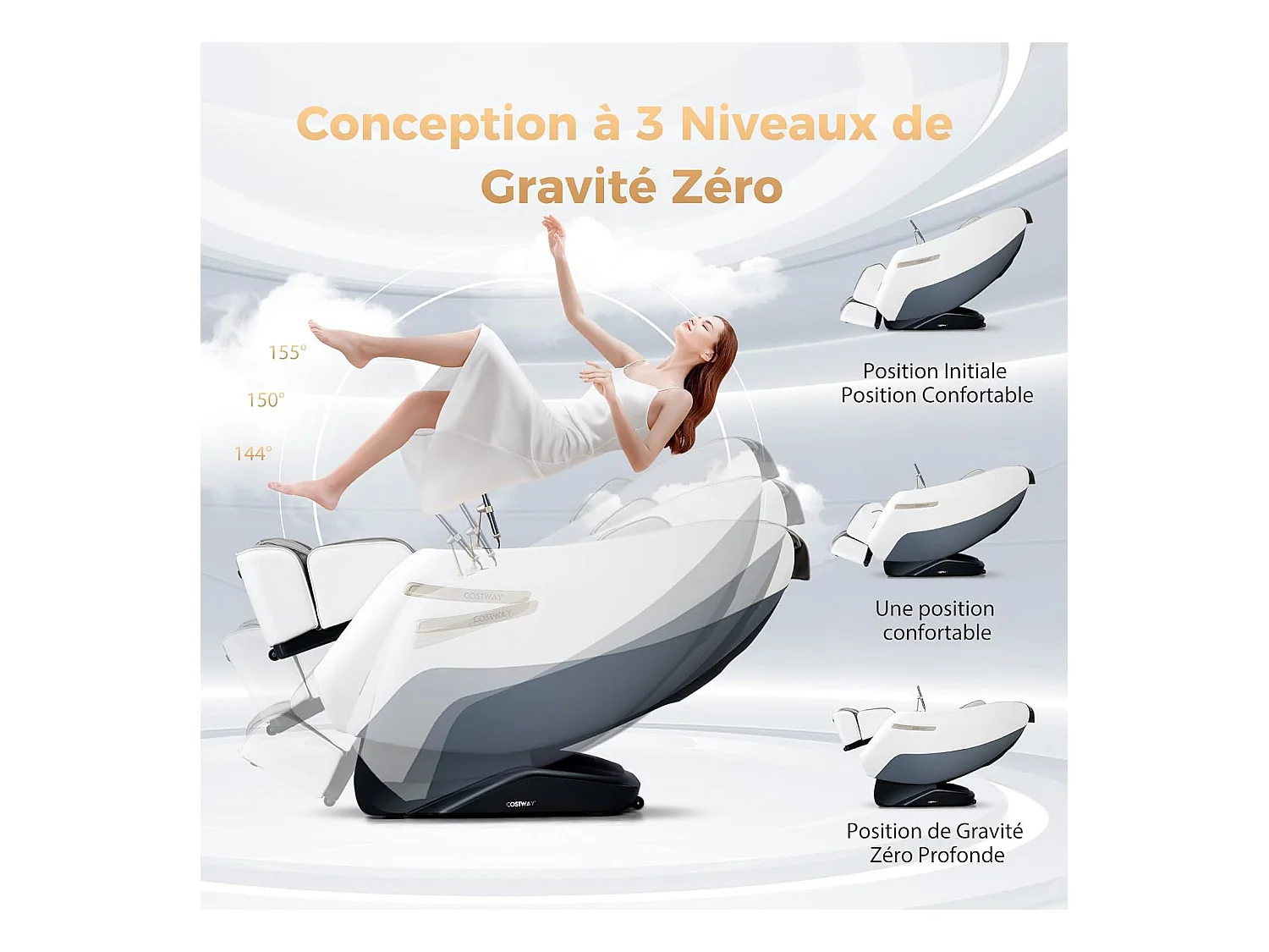 Fauteuil de Massage Électrique, Fauteuil de Massage Inclinable Rail SL avec 12 Modes Automatiques 5 Techniques de Massage Chauffage (Blanc)