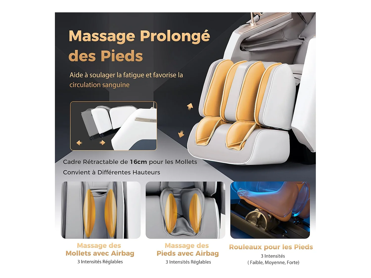 Fauteuil de Massage Électrique, Fauteuil de Massage Inclinable Rail SL avec 12 Modes Automatiques 5 Techniques de Massage Chauffage (Blanc)