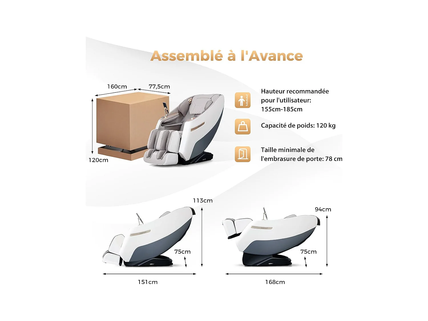 Fauteuil de Massage Électrique, Fauteuil de Massage Inclinable Rail SL avec 12 Modes Automatiques 5 Techniques de Massage Chauffage (Blanc)