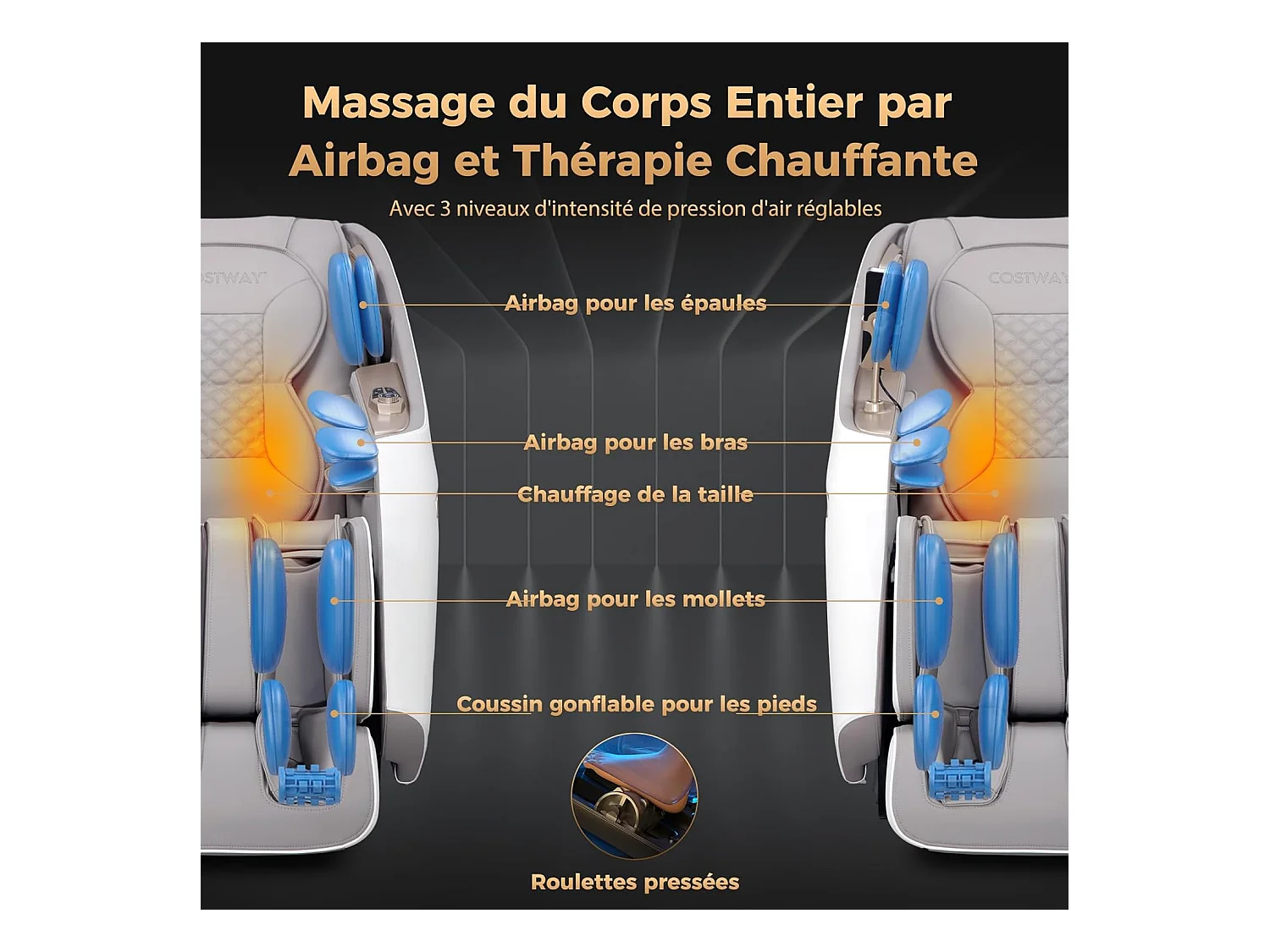 Fauteuil de Massage Électrique, Fauteuil de Massage Inclinable Rail SL avec 12 Modes Automatiques 5 Techniques de Massage Chauffage (Blanc)