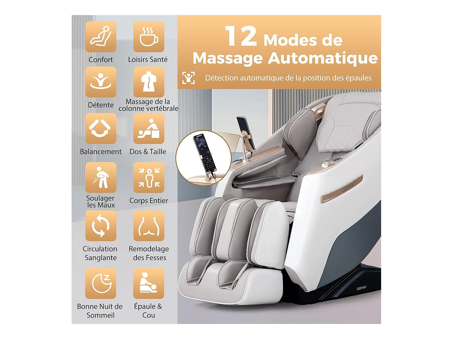 Fauteuil de Massage Électrique, Fauteuil de Massage Inclinable Rail SL avec 12 Modes Automatiques 5 Techniques de Massage Chauffage (Blanc)
