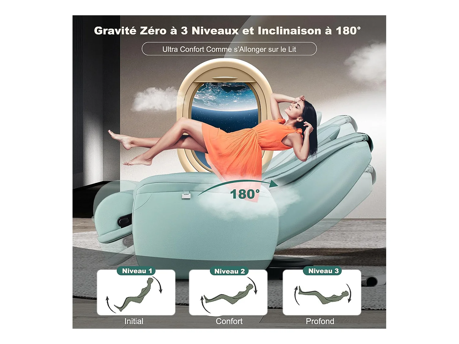 Fauteuil de Massage à Gravité Zéro avec Rail SL, Inclinable avec Massage Complet du Corps Chauffage du Dos Détection Auto des Épaules (Bleu)