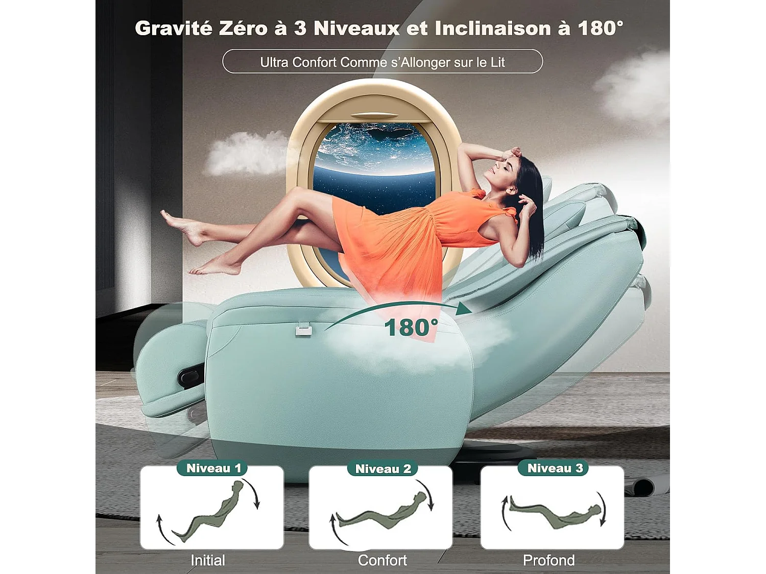 Fauteuil de Massage à Gravité Zéro avec Rail SL, Inclinable avec Massage Complet du Corps Chauffage du Dos Détection Auto des Épaules (Bleu)
