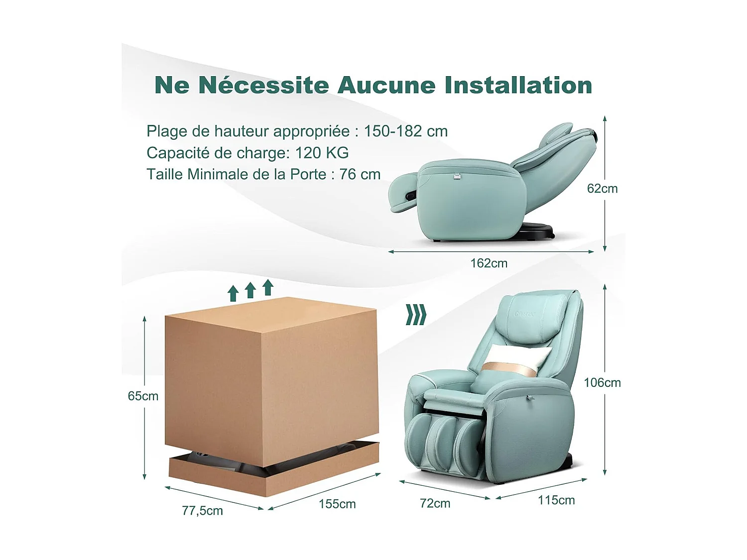 Fauteuil de Massage à Gravité Zéro avec Rail SL, Inclinable avec Massage Complet du Corps Chauffage du Dos Détection Auto des Épaules (Bleu)