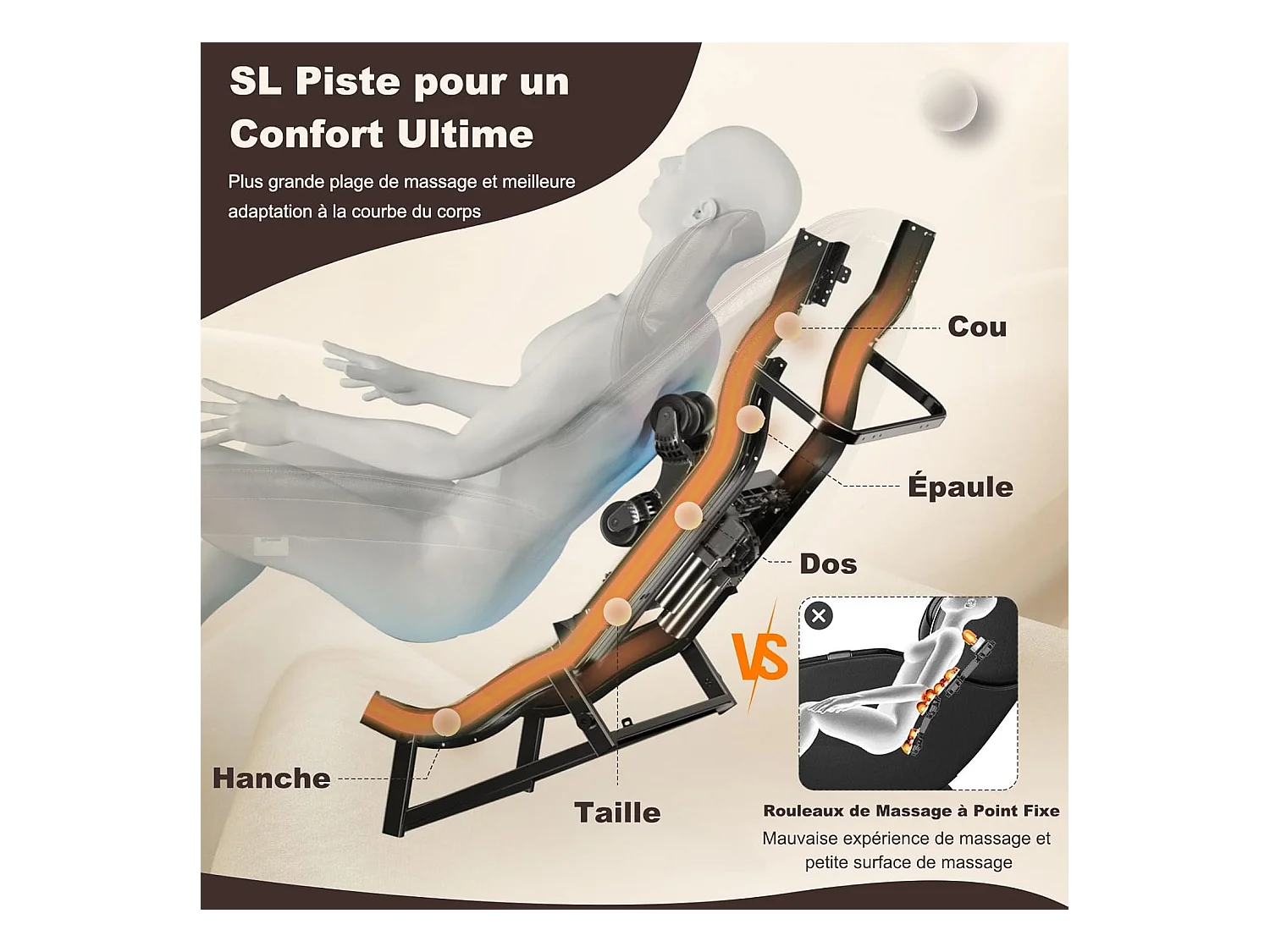 Fauteuil de Massage à Gravité Zéro avec Rail SL, Inclinable avec Massage Complet du Corps Chauffage du Dos Détection Auto des Épaules (Marron)