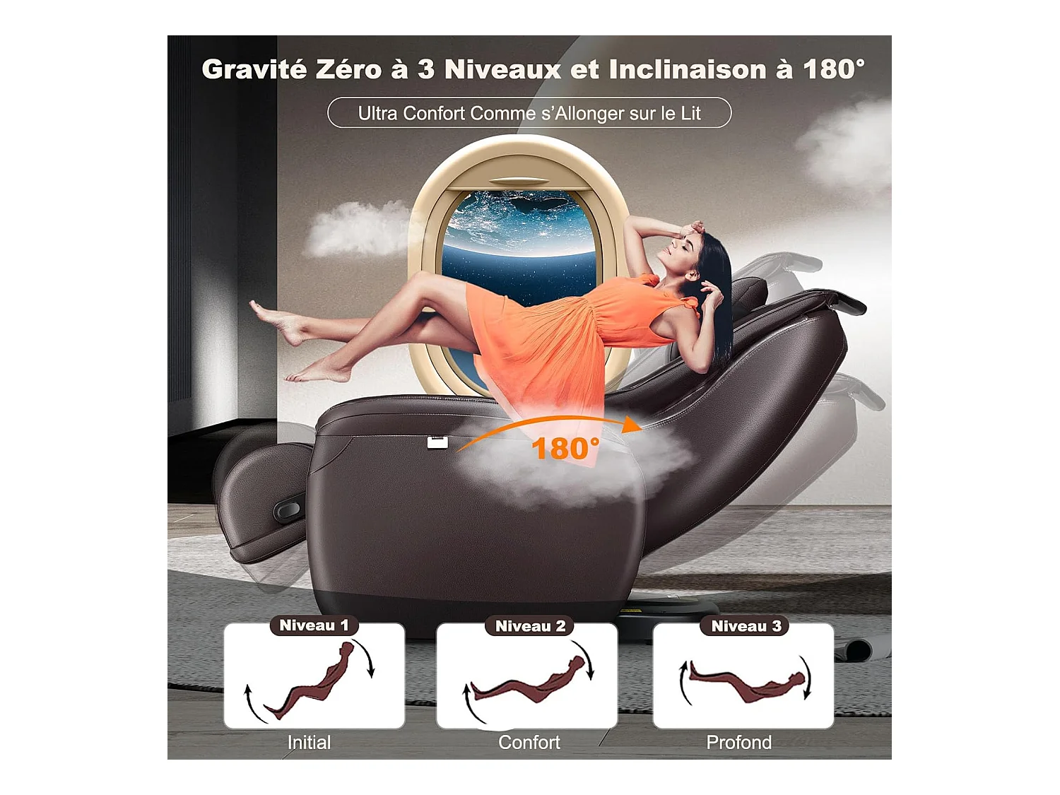 Fauteuil de Massage à Gravité Zéro avec Rail SL, Inclinable avec Massage Complet du Corps Chauffage du Dos Détection Auto des Épaules (Marron)