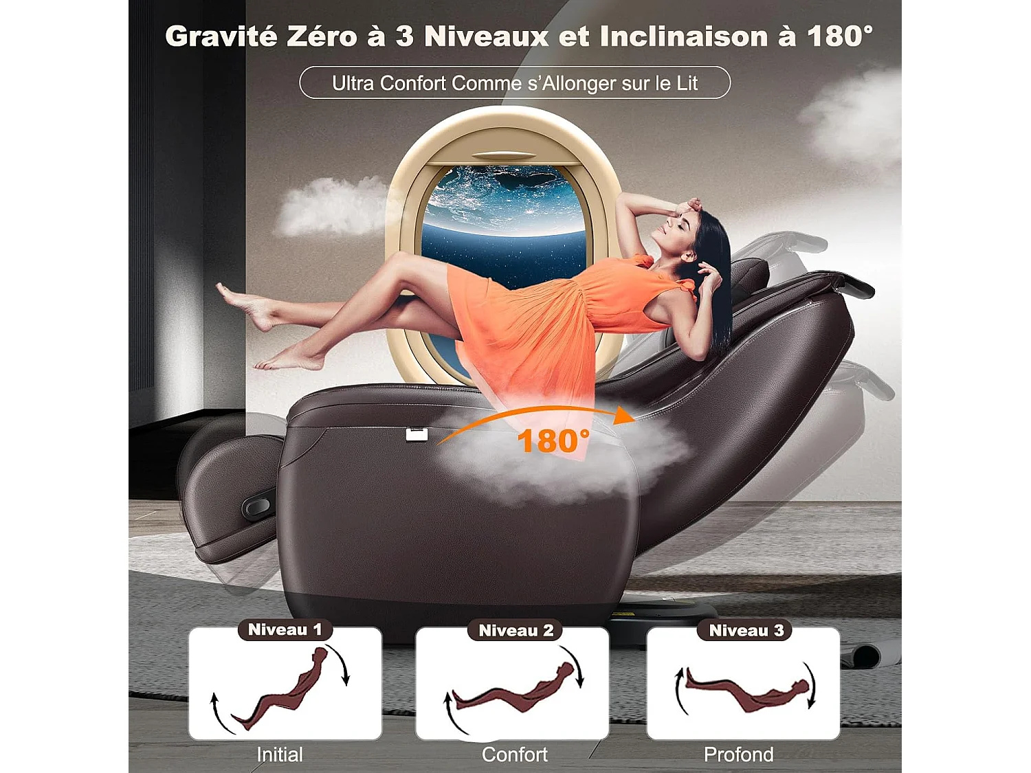Fauteuil de Massage à Gravité Zéro avec Rail SL, Inclinable avec Massage Complet du Corps Chauffage du Dos Détection Auto des Épaules (Marron)