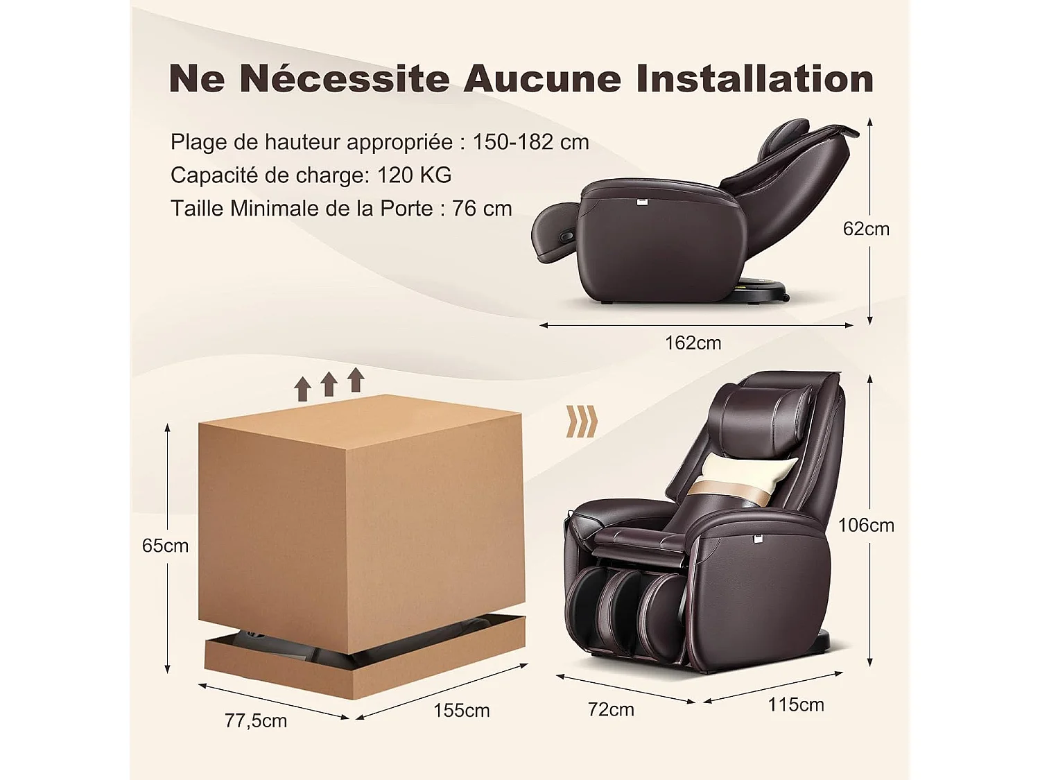 Fauteuil de Massage à Gravité Zéro avec Rail SL, Inclinable avec Massage Complet du Corps Chauffage du Dos Détection Auto des Épaules (Marron)