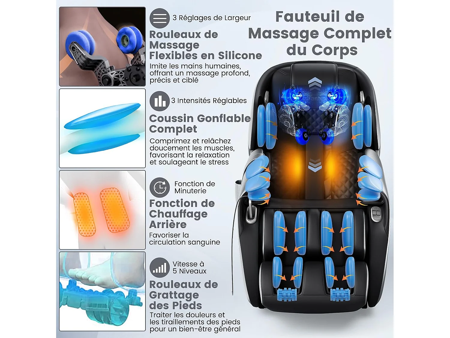 Fauteuil de Massage Électrique, Fauteuil Shiatsu Inclinable Zéro Gravité SL Track avec 12 Modes Prédéfinis Système de Chauffage Massage à Air Intégré (Noir)