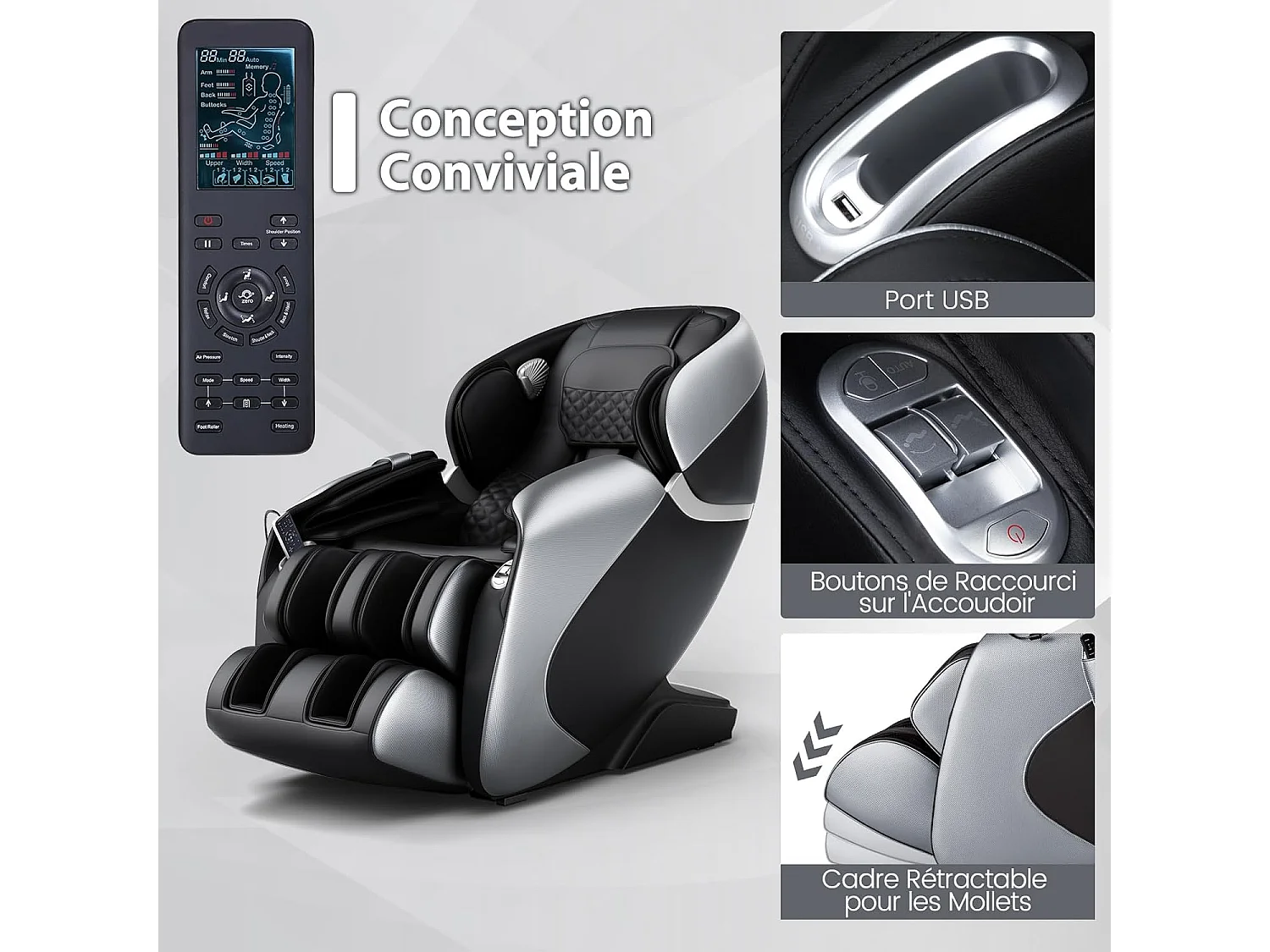 Fauteuil de Massage Électrique, Fauteuil Shiatsu Inclinable Zéro Gravité SL Track avec 12 Modes Prédéfinis Système de Chauffage Massage à Air Intégré (Noir)