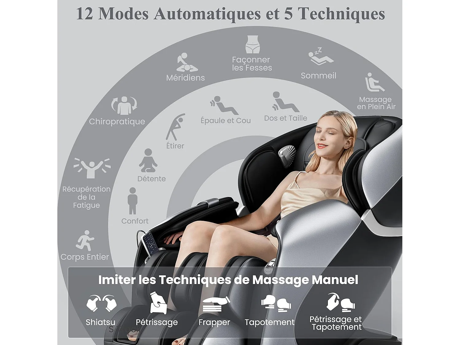 Fauteuil de Massage Électrique, Fauteuil Shiatsu Inclinable Zéro Gravité SL Track avec 12 Modes Prédéfinis Système de Chauffage Massage à Air Intégré (Noir)