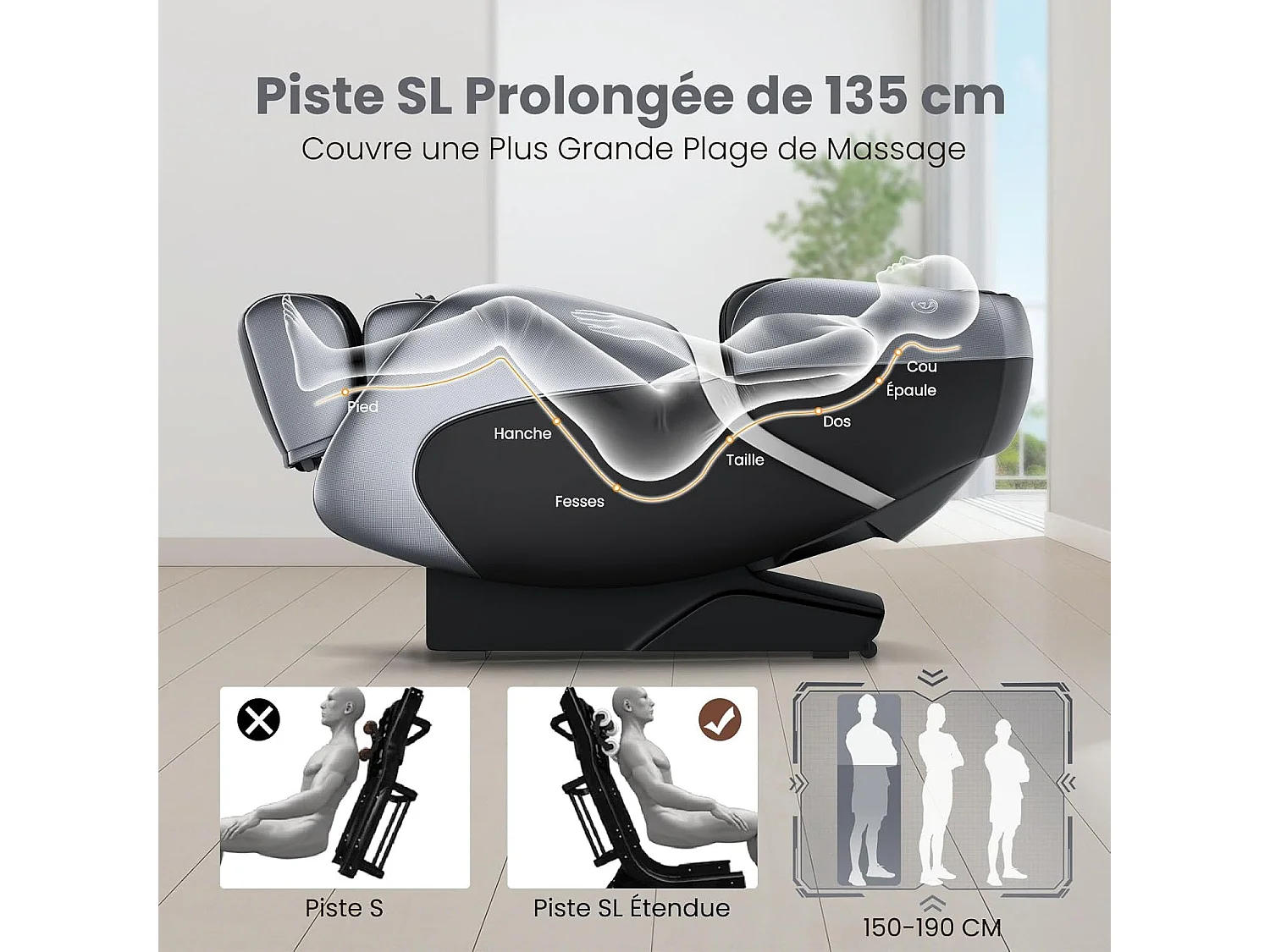 Fauteuil de Massage Électrique, Fauteuil Shiatsu Inclinable Zéro Gravité SL Track avec 12 Modes Prédéfinis Système de Chauffage Massage à Air Intégré (Noir)