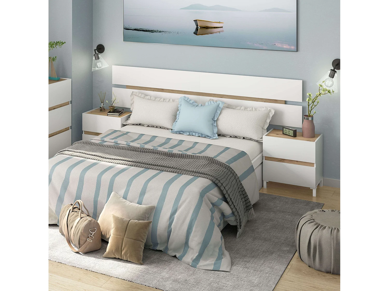 Cabeceira Tempus com mesas de cabeceira Blanco Artik (Blanco Mate) - Roble Nodi