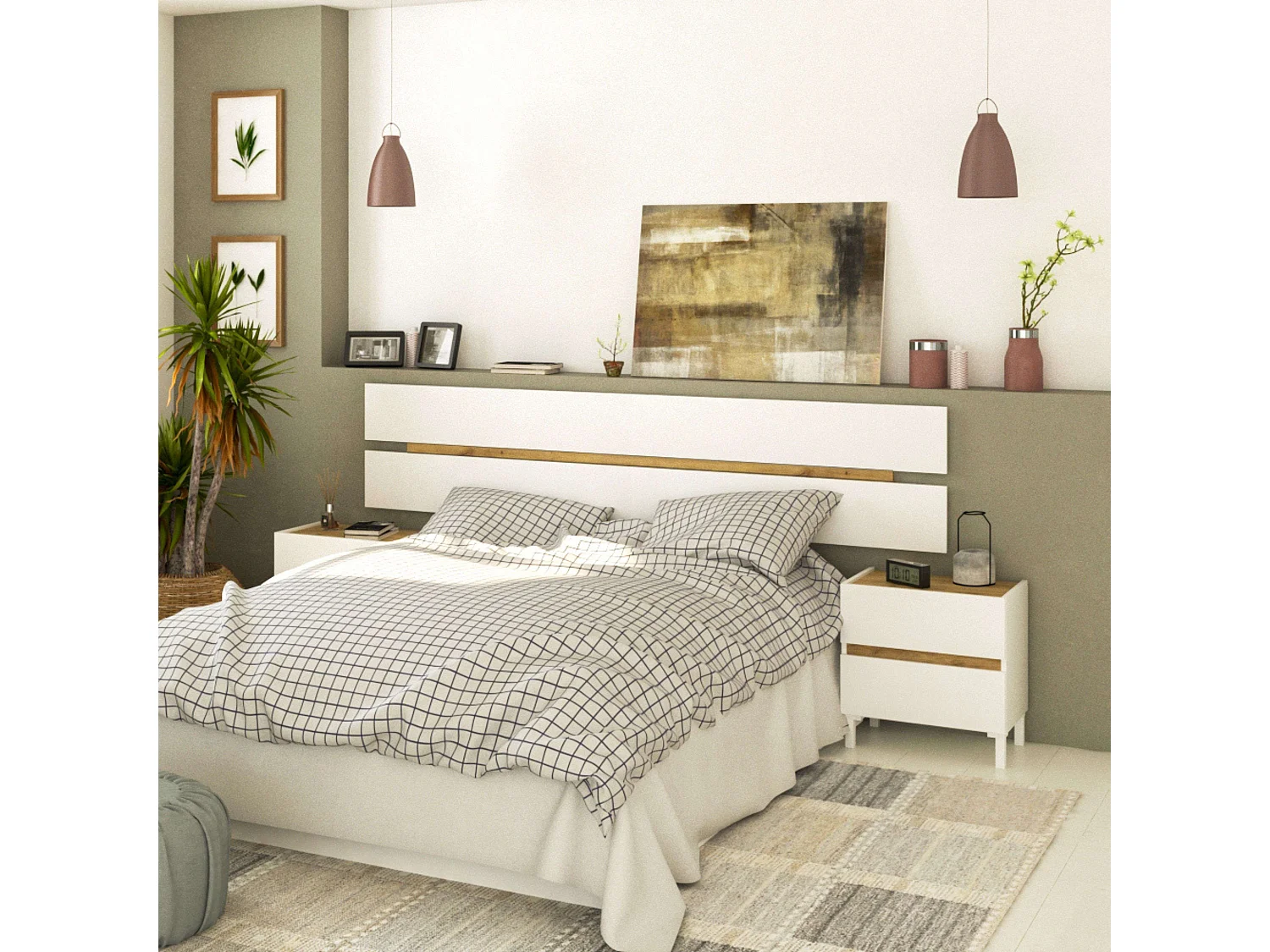 Cabecero 2 mesitas Tempus Roble Nodi Blanco Artik Estilo nórdico