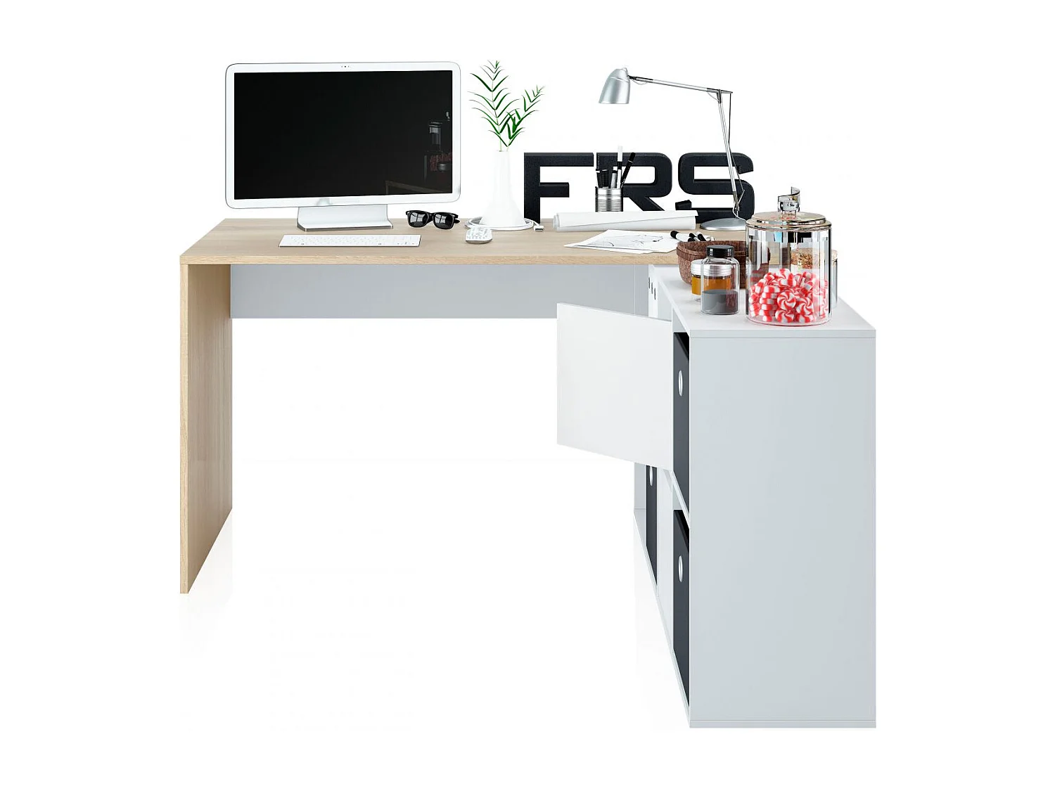 Mesa de escritorio multiposición en blanco mate y roble canadian 136x139 cm Move Blanco Artik (Blanco Mate) - Roble Canadian