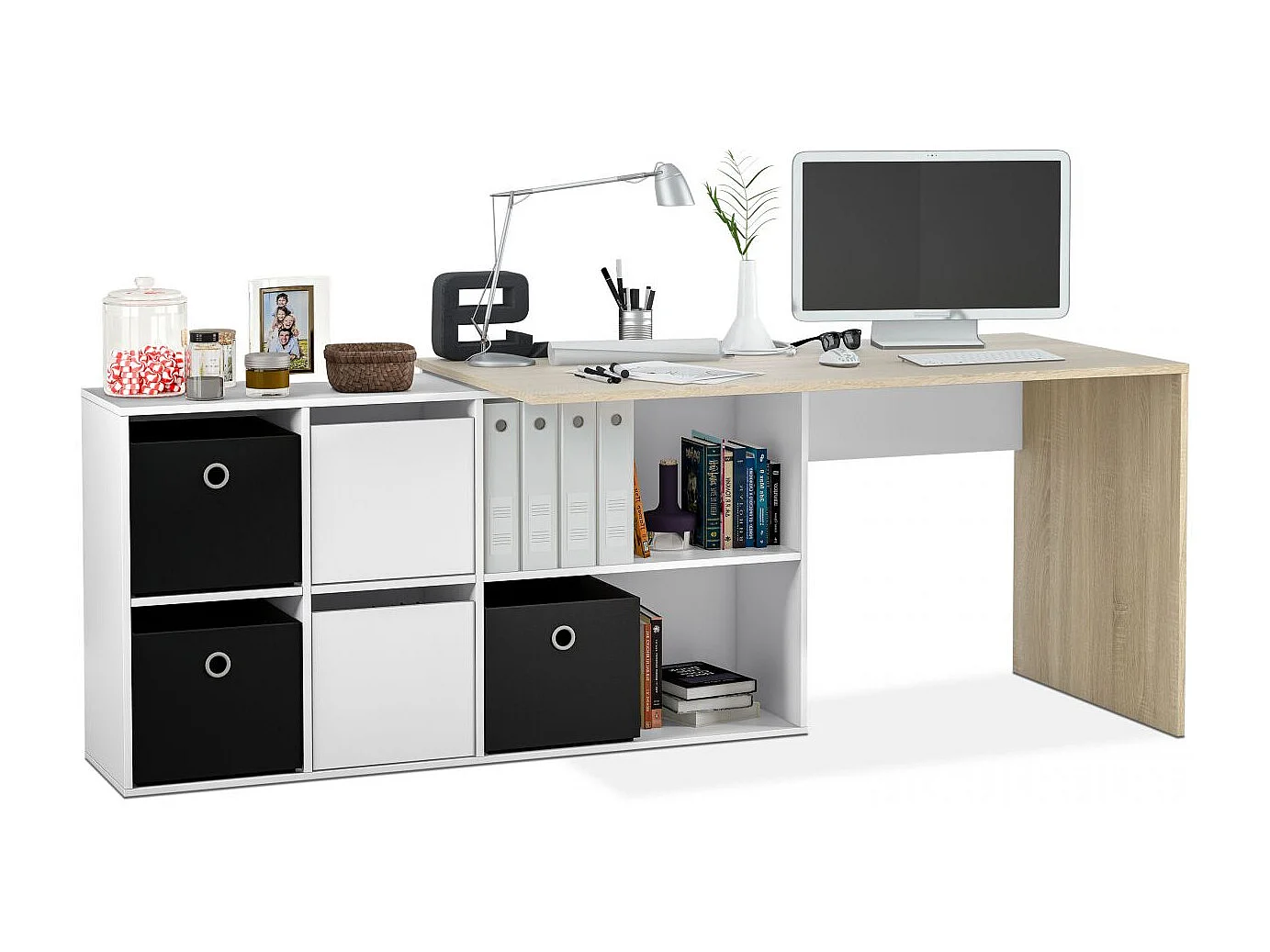 Mesa de escritorio multiposición en blanco mate y roble canadian 136x139 cm Move Blanco Artik (Blanco Mate) - Roble Canadian