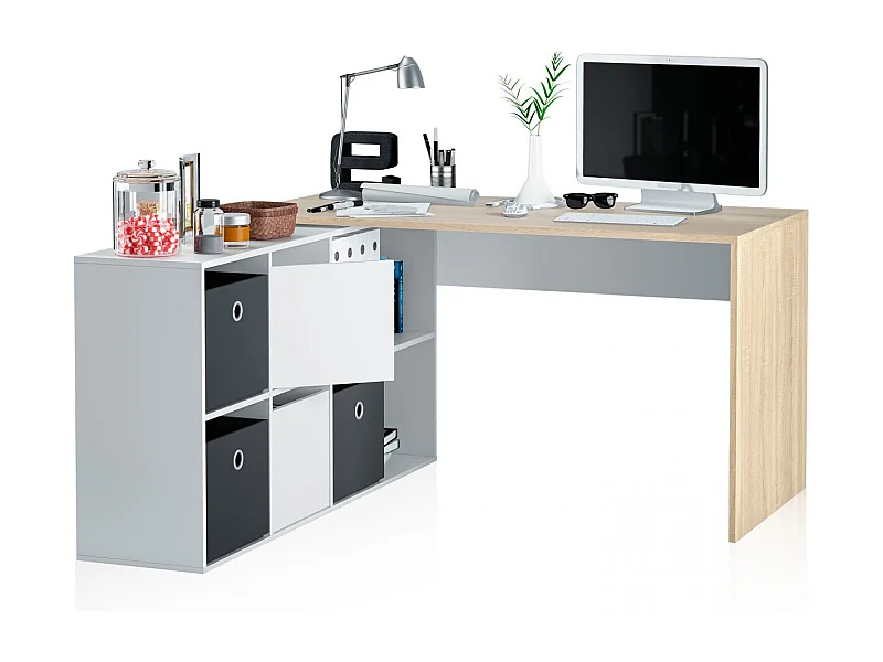 Mesa de escritorio multiposición en blanco mate y roble canadian 136x139 cm Move Blanco Artik (Blanco Mate) - Roble Canadian