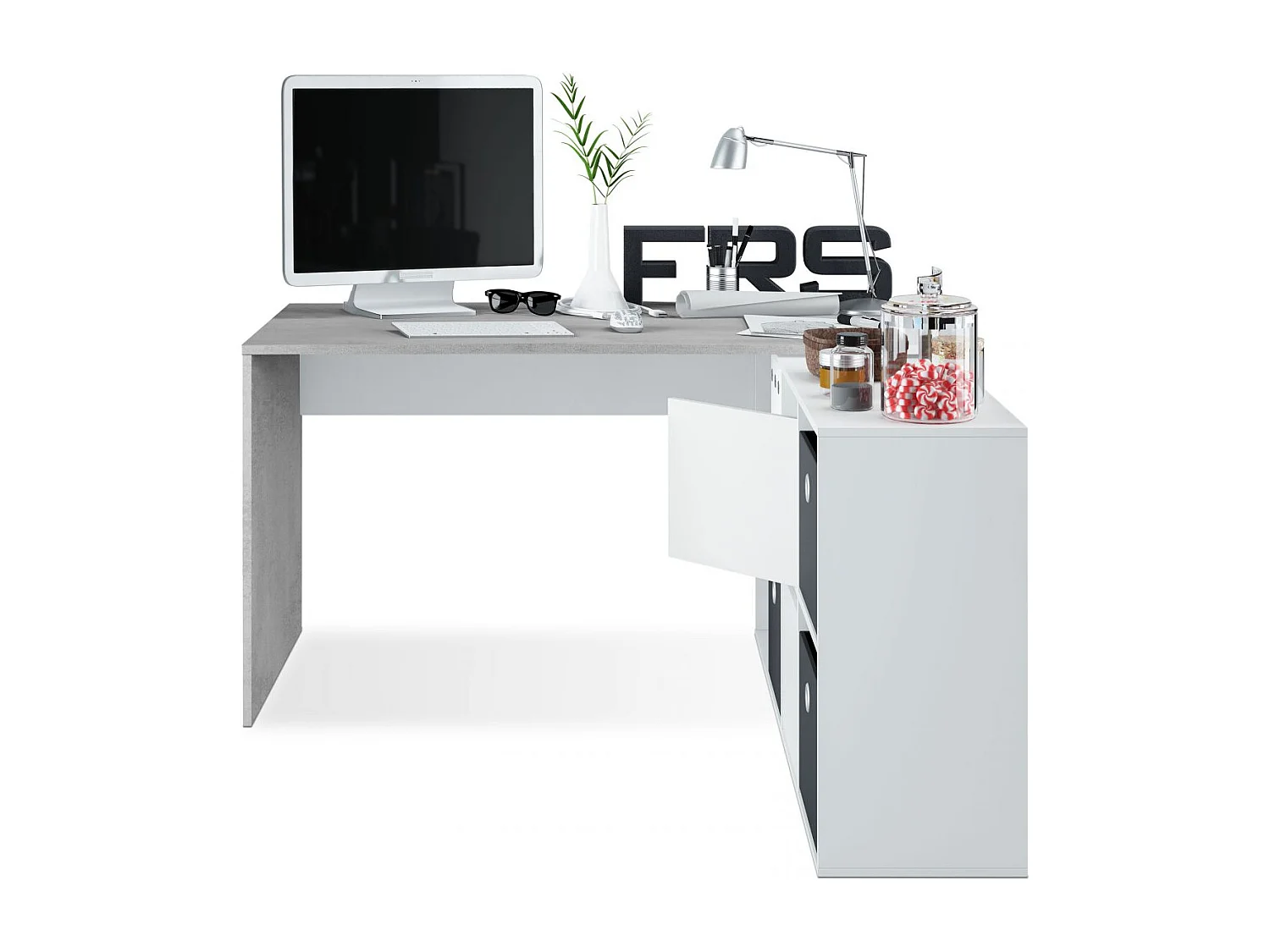 Mesa de escritorio multiposición en blanco mate y gris cemento 136x139 cm Move Blanco Artik (Blanco Mate) - Gris Cemento