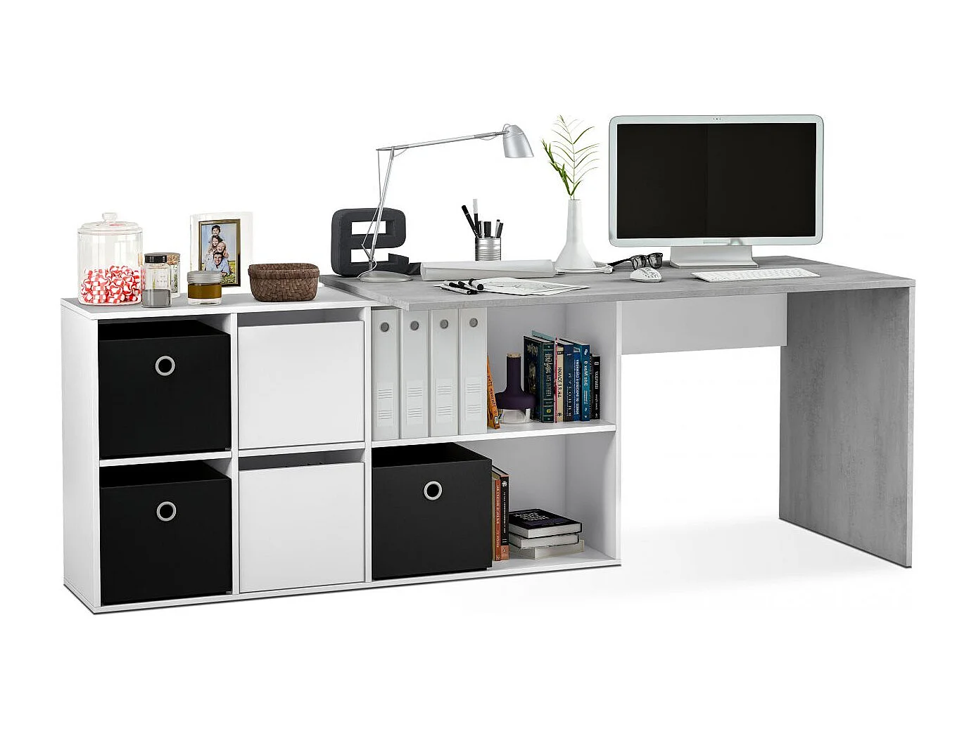 Mesa de escritorio multiposición en blanco mate y gris cemento 136x139 cm Move Blanco Artik (Blanco Mate) - Gris Cemento