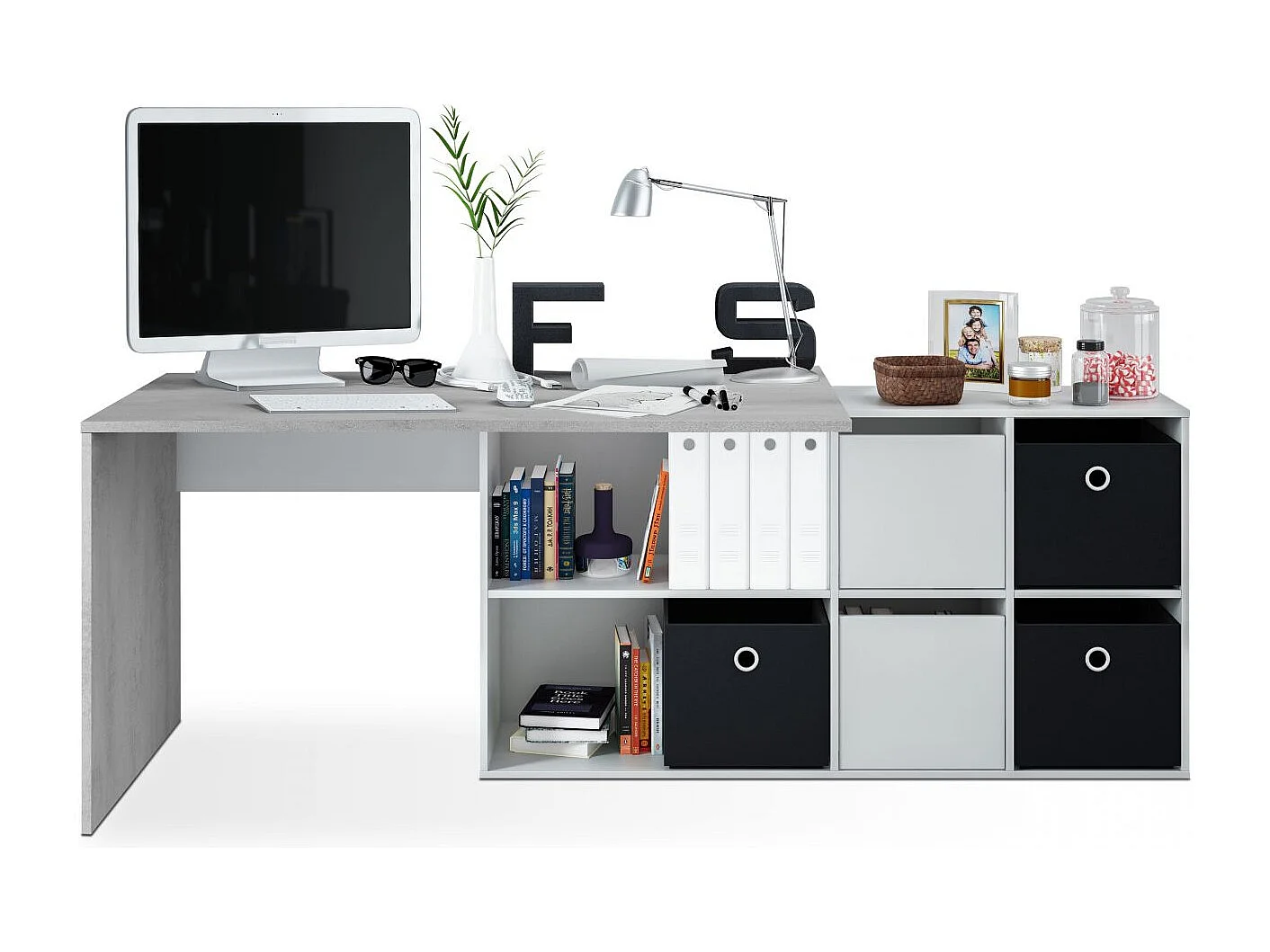 Mesa de escritorio multiposición en blanco mate y gris cemento 136x139 cm Move Blanco Artik (Blanco Mate) - Gris Cemento