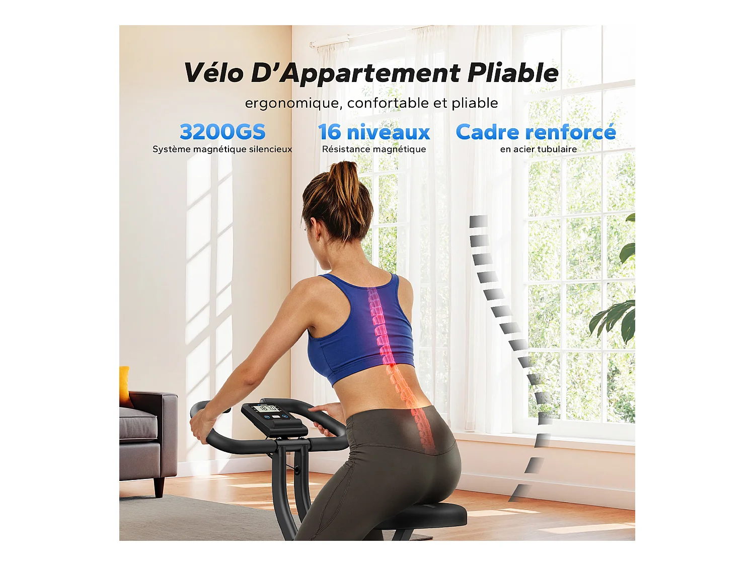 Vélo d'appartement pliable MERACH, compact et silencieux, 16 niveaux magnétiques, écran LCD, support tablette, usage domicile