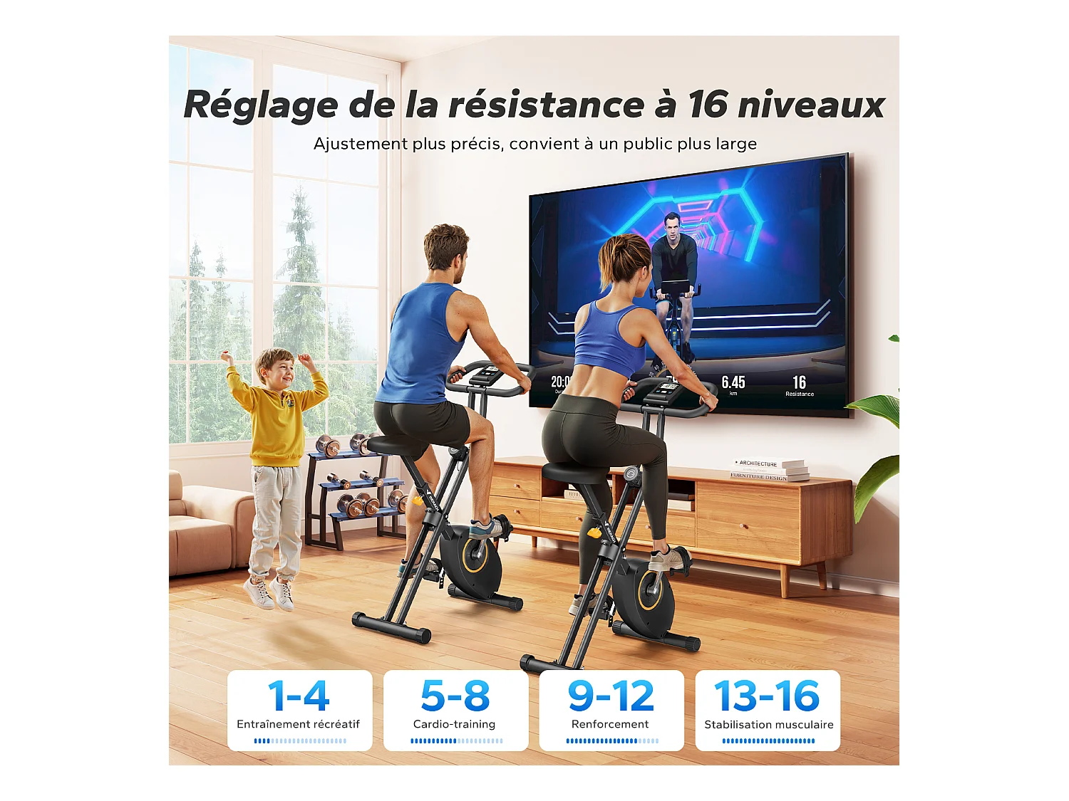 Vélo d'appartement pliable MERACH, compact et silencieux, 16 niveaux magnétiques, écran LCD, support tablette, usage domicile