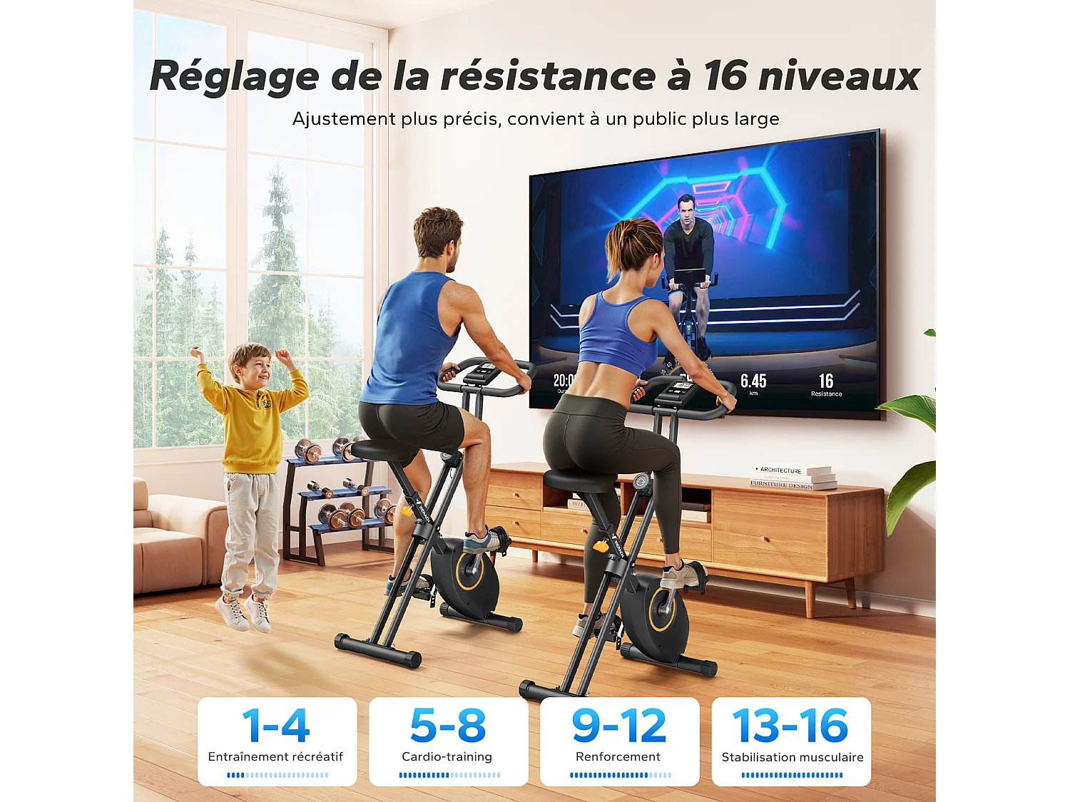 Vélo d'appartement pliable MERACH, compact et silencieux, 16 niveaux magnétiques, écran LCD, support tablette, usage domicile