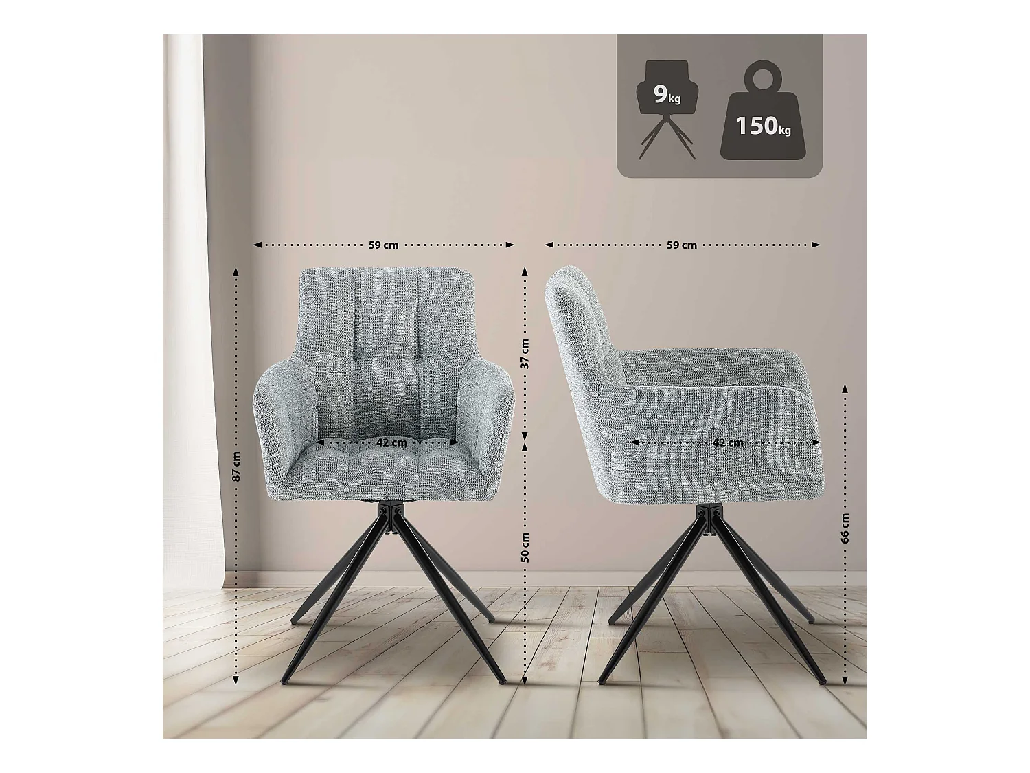 Lot de 2  chaises avec accoudoirs - Tissu - Gris clair - Jonah