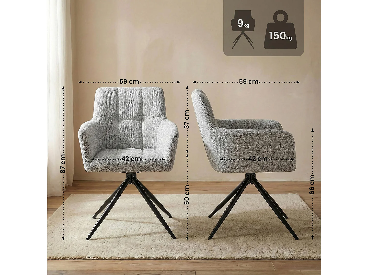 Lot de 2  chaises avec accoudoirs - Tissu - Gris clair - Jonah
