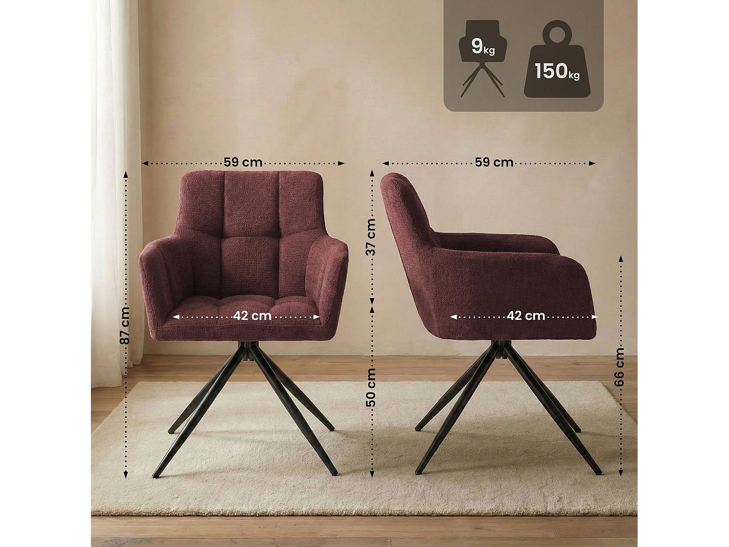 Lot de 2  chaises avec accoudoirs - Tissu - Rouge rubis - Jonah