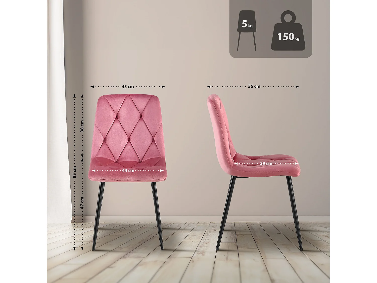 Lot de 2  chaise salle à manger - Velours - Rose - Clairton