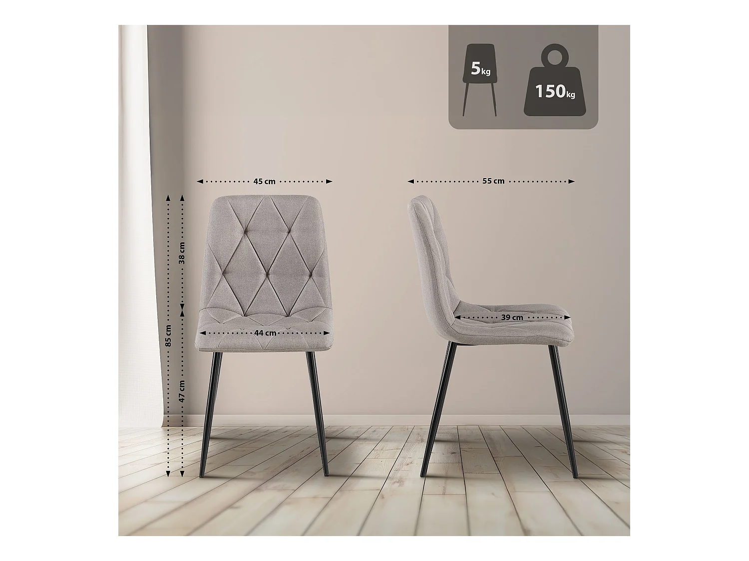 chaise salle à manger - Tissu - Gris clair - Clairton