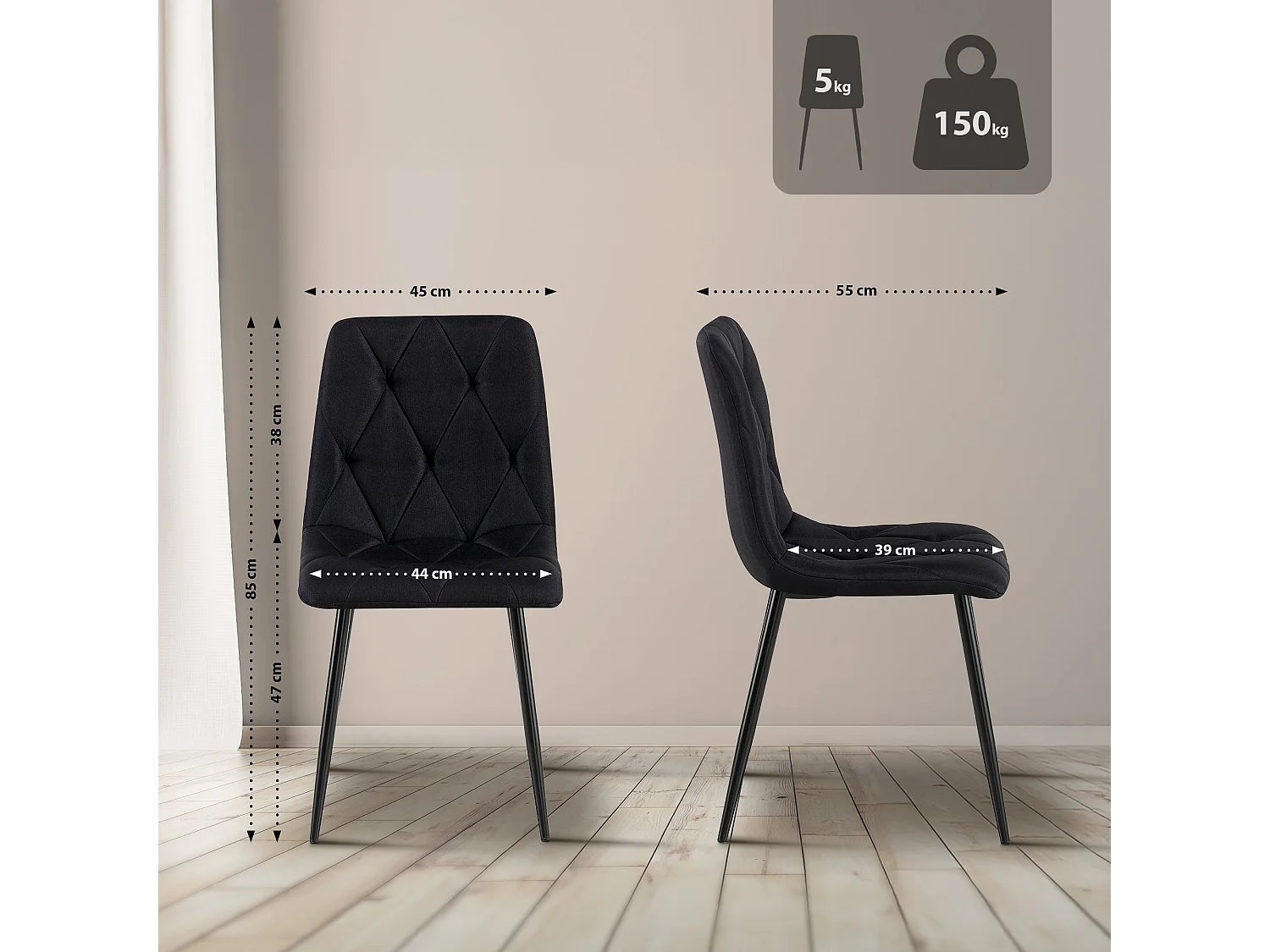 Lot de 2  chaise salle à manger - Tissu - Noir - Clairton