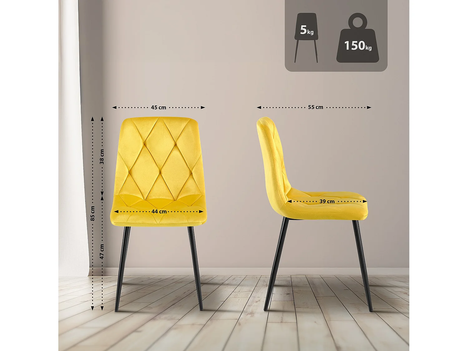 Lot de 2  chaise salle à manger - Velours - Jaune - Clairton