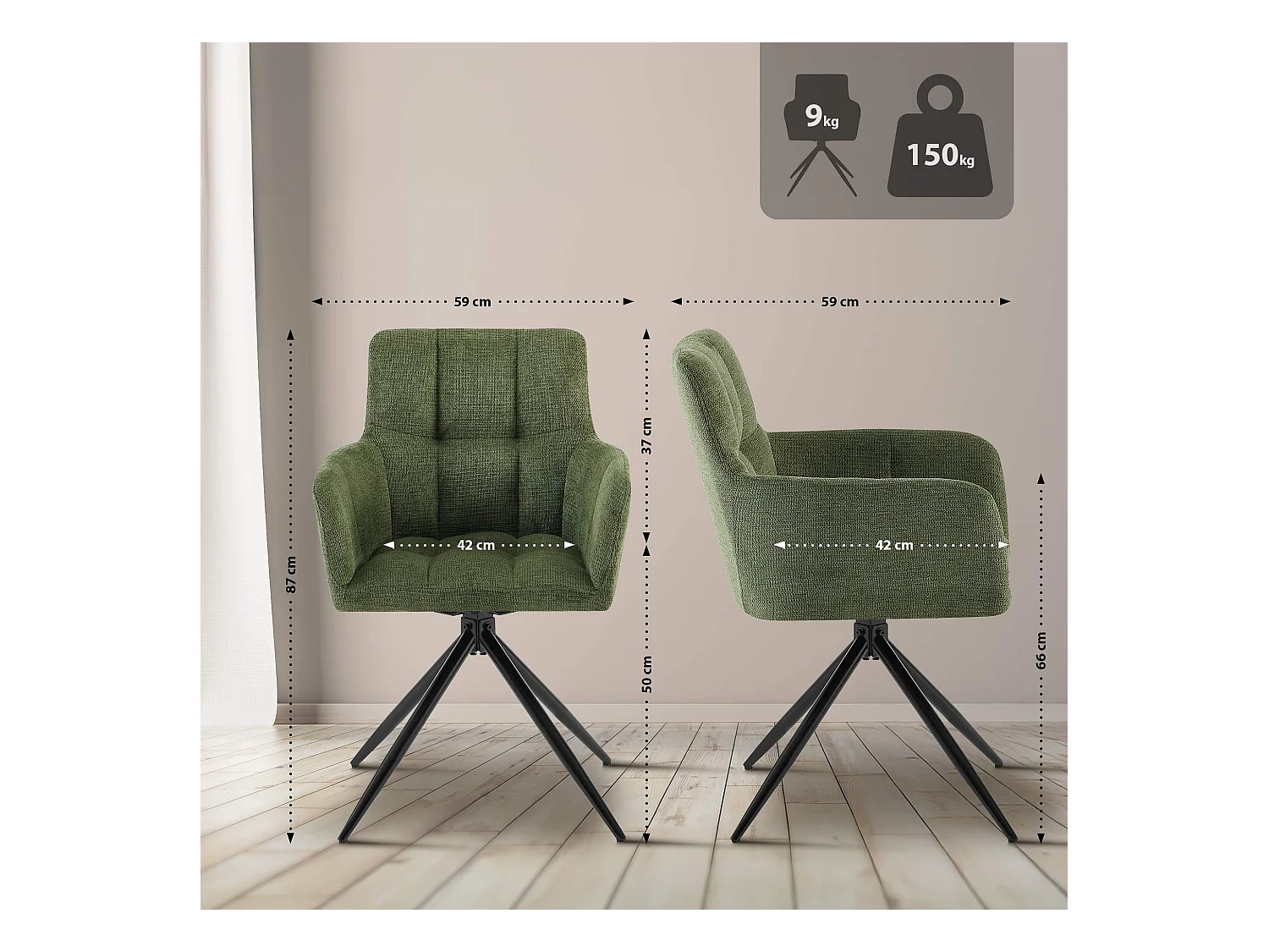 Lot de 2  chaises avec accoudoirs - Tissu - Vert - Jonah
