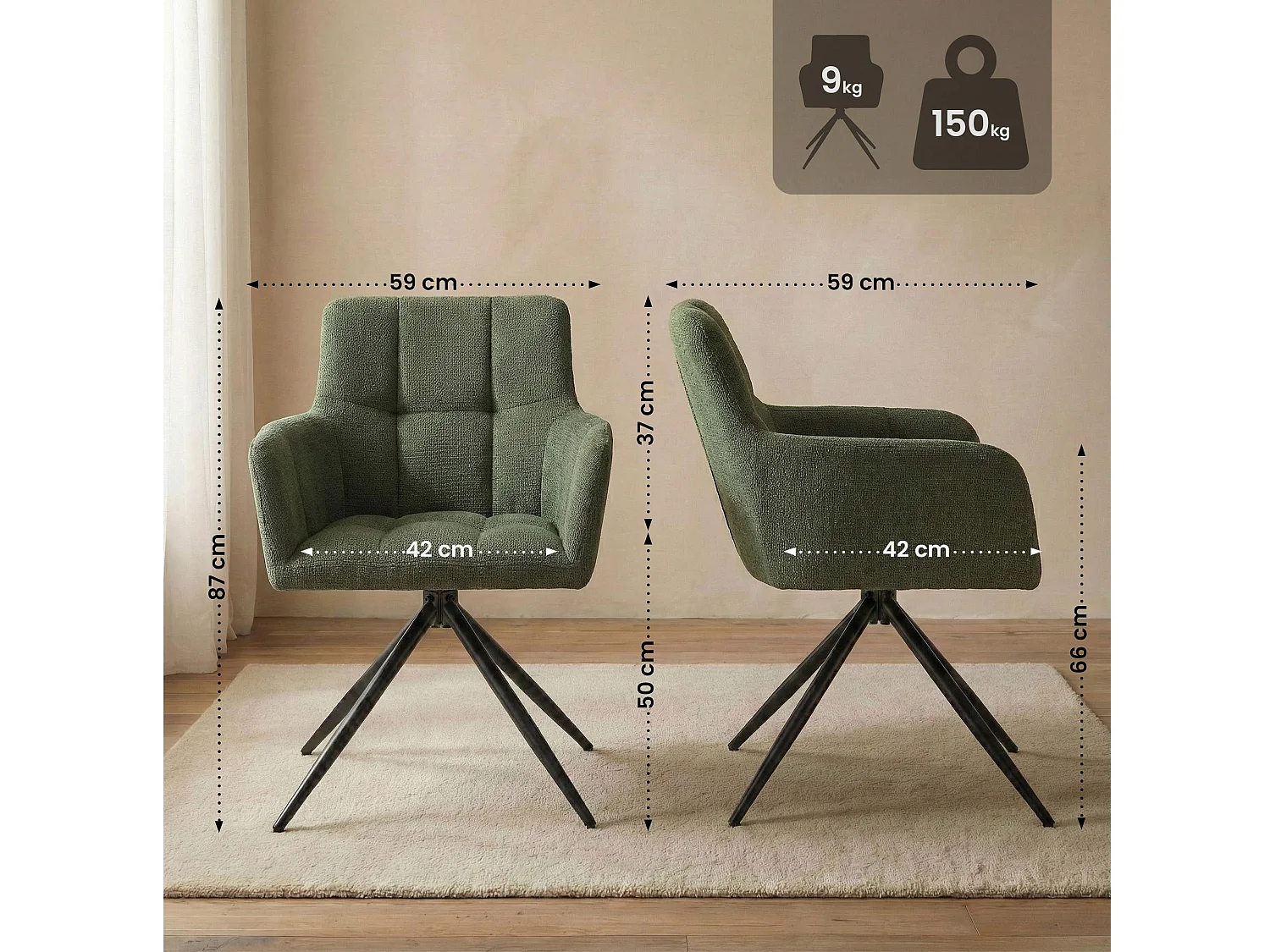 Lot de 2  chaises avec accoudoirs - Tissu - Vert - Jonah