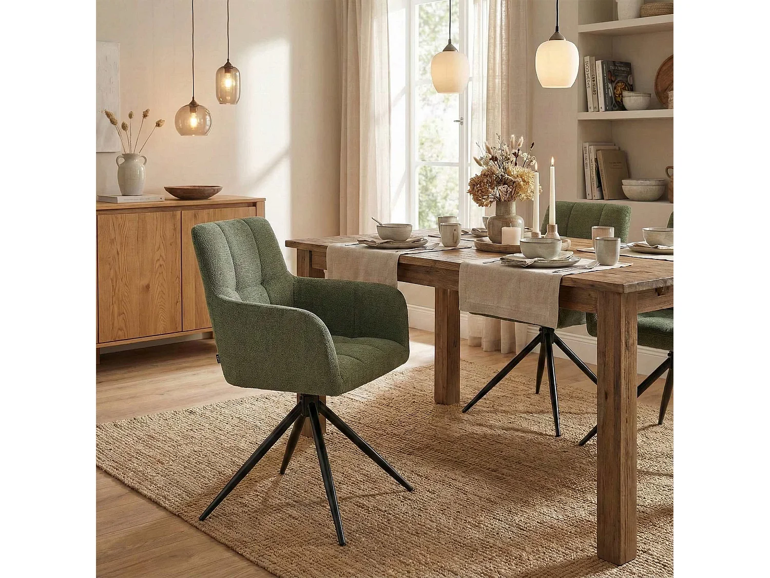 Lot de 2  chaises avec accoudoirs - Tissu - Vert - Jonah