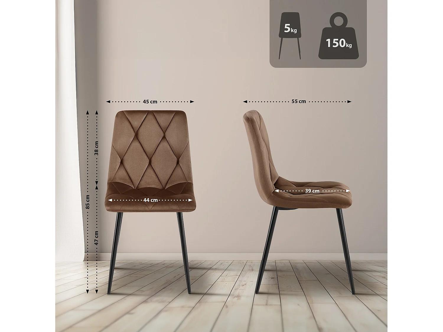 Lot de 2  chaise salle à manger - Velours - Marron - Clairton