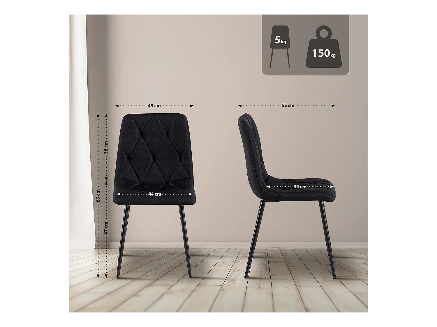 chaise salle à manger - Tissu - Noir - Clairton