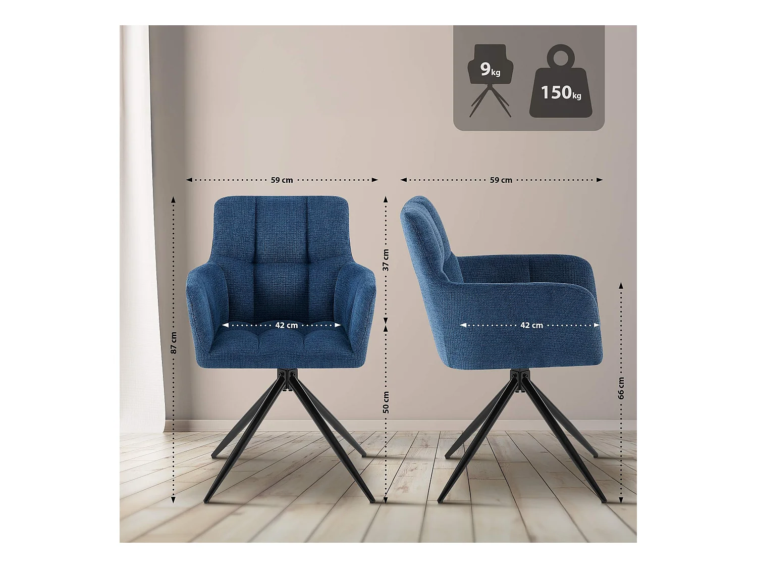 Lot de 2  chaises avec accoudoirs - Tissu - Bleu foncé - Jonah