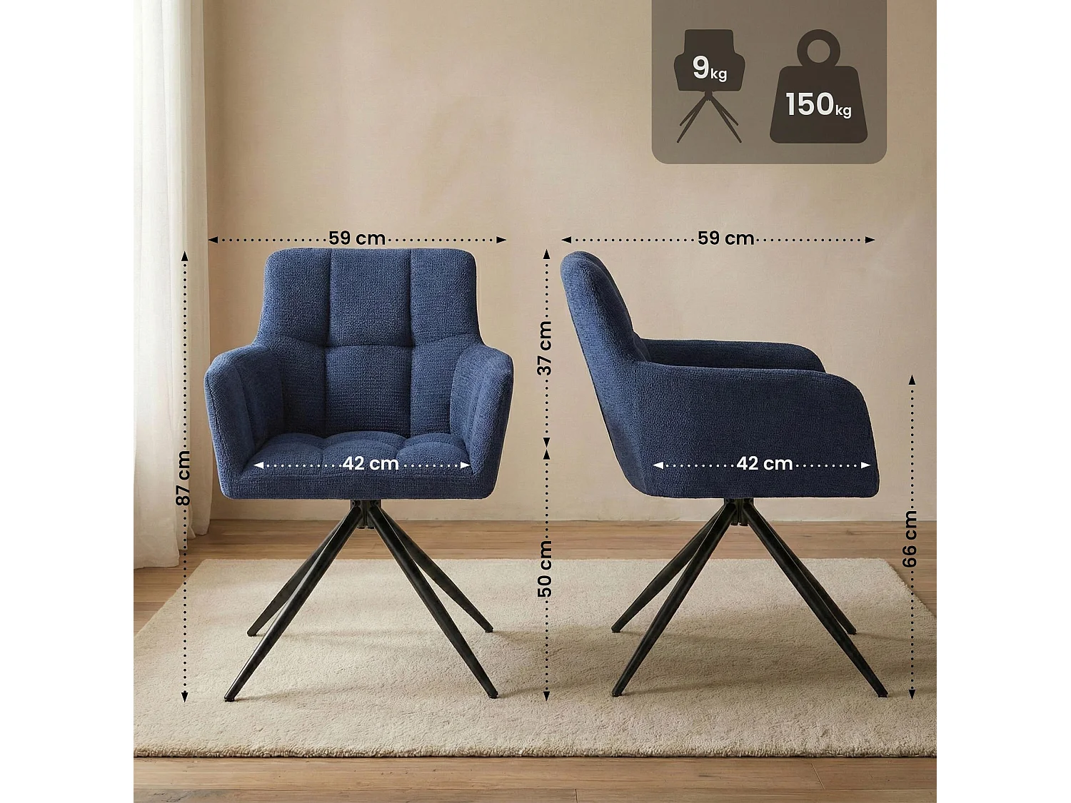 Lot de 2  chaises avec accoudoirs - Tissu - Bleu foncé - Jonah