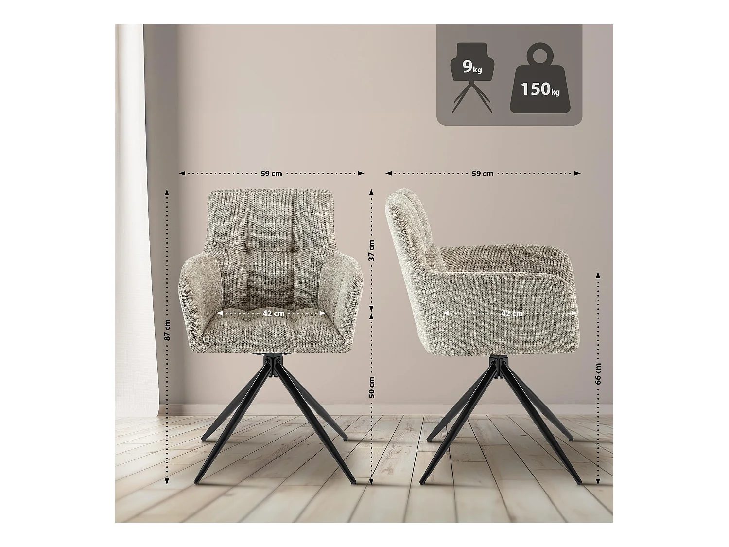 Lot de 2  chaises avec accoudoirs - Tissu - Taupe - Jonah