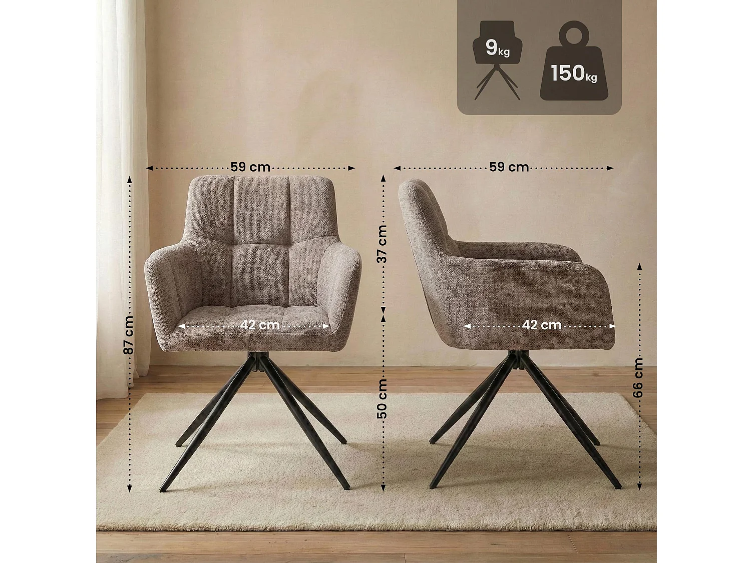 Lot de 2  chaises avec accoudoirs - Tissu - Taupe - Jonah