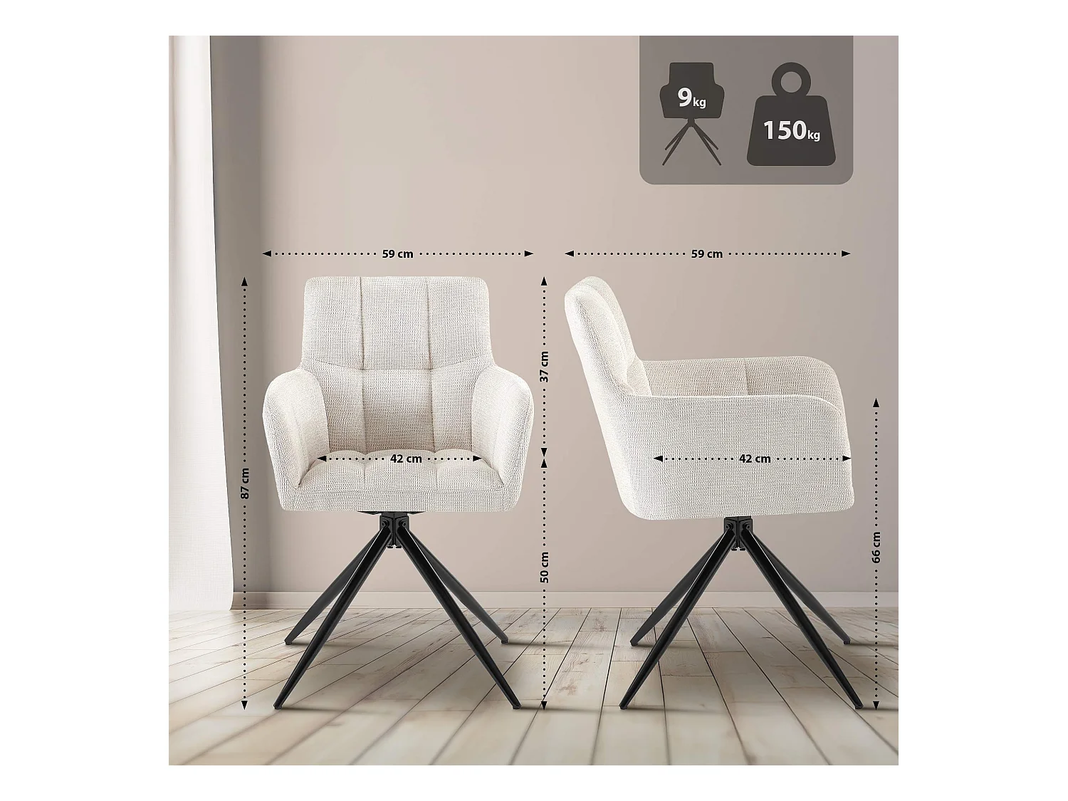 Lot de 2  chaises avec accoudoirs - Tissu - Crème - Jonah