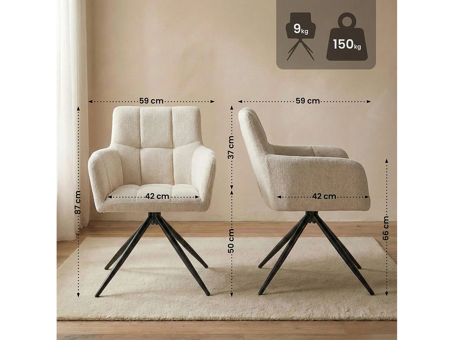 Lot de 2  chaises avec accoudoirs - Tissu - Crème - Jonah