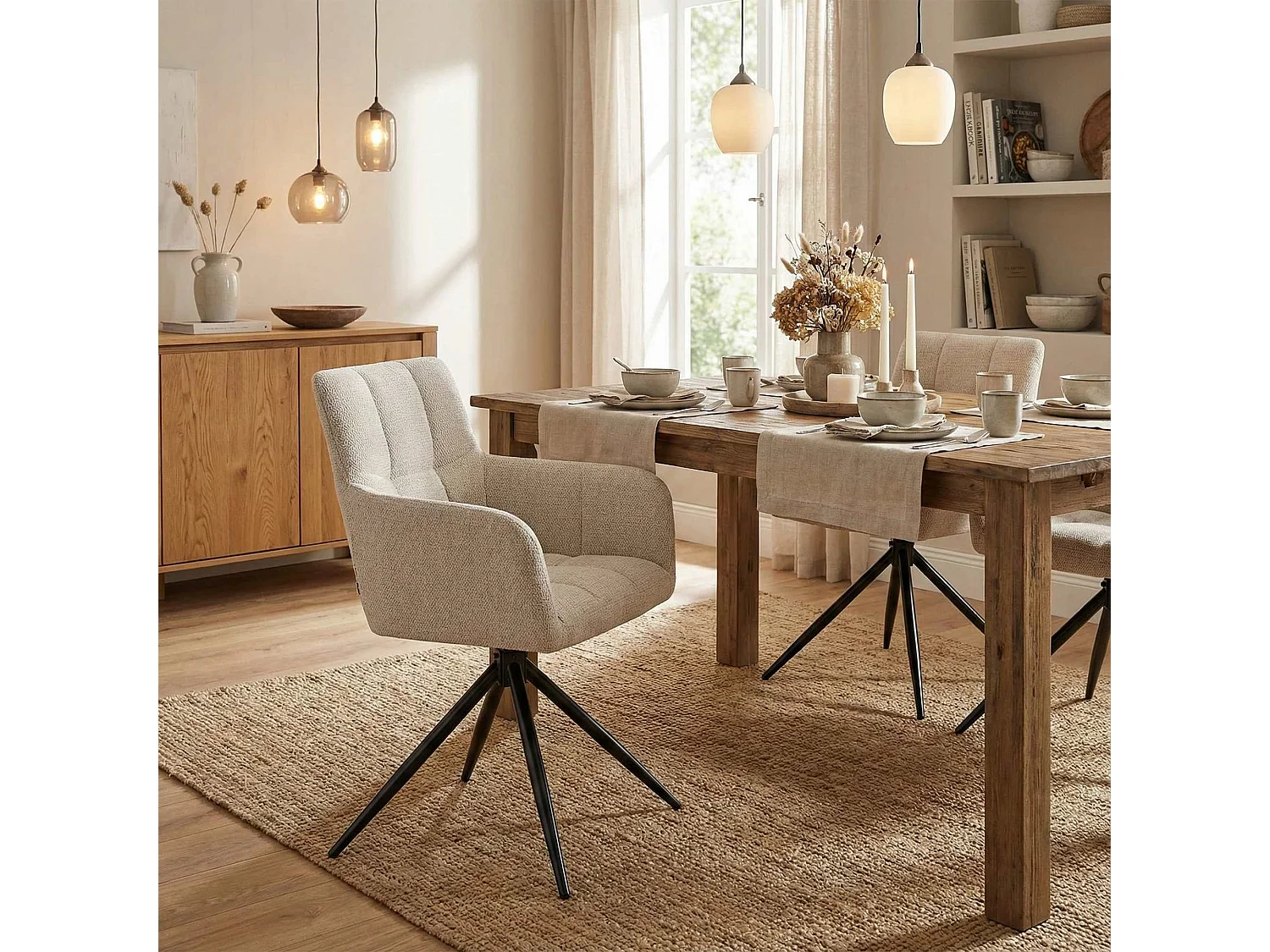 Lot de 2  chaises avec accoudoirs - Tissu - Crème - Jonah