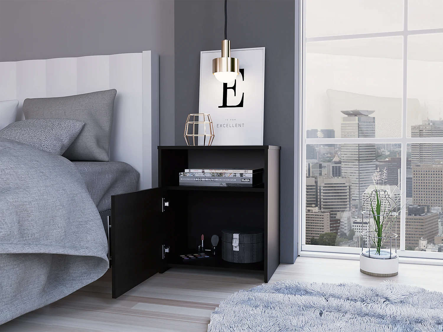 TUHOME Móvel Mesa de Cabeceira Bristol, Um Compartimento, Superfície Superior, Cor Preta.