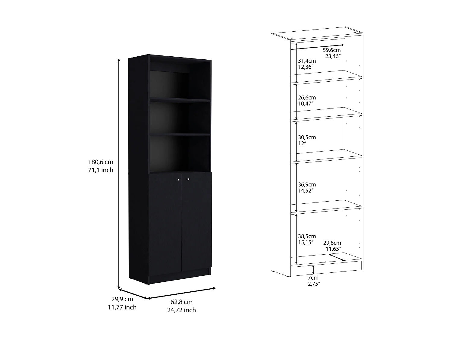 Sunnyside Set da salotto 2 pezzi con 2 librerie, Nero